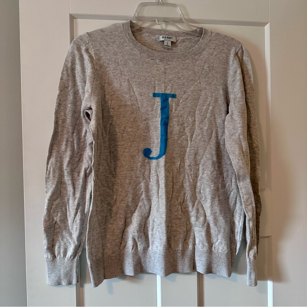 Old Navy Gray Monogram “J” Sweater Size L Lightweight Crewneck